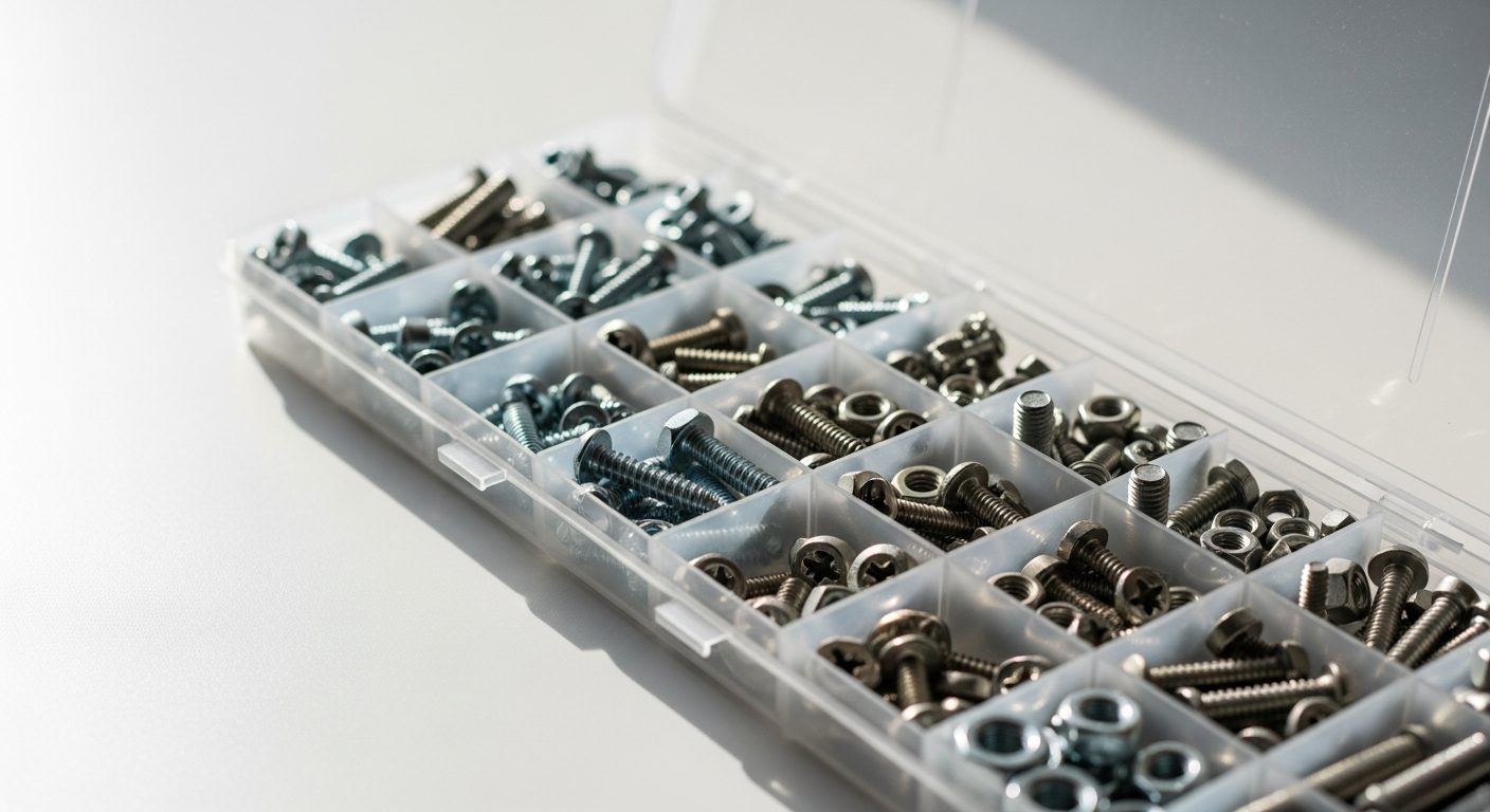 Tornillos y tuercas de acero en cajas organizadoras