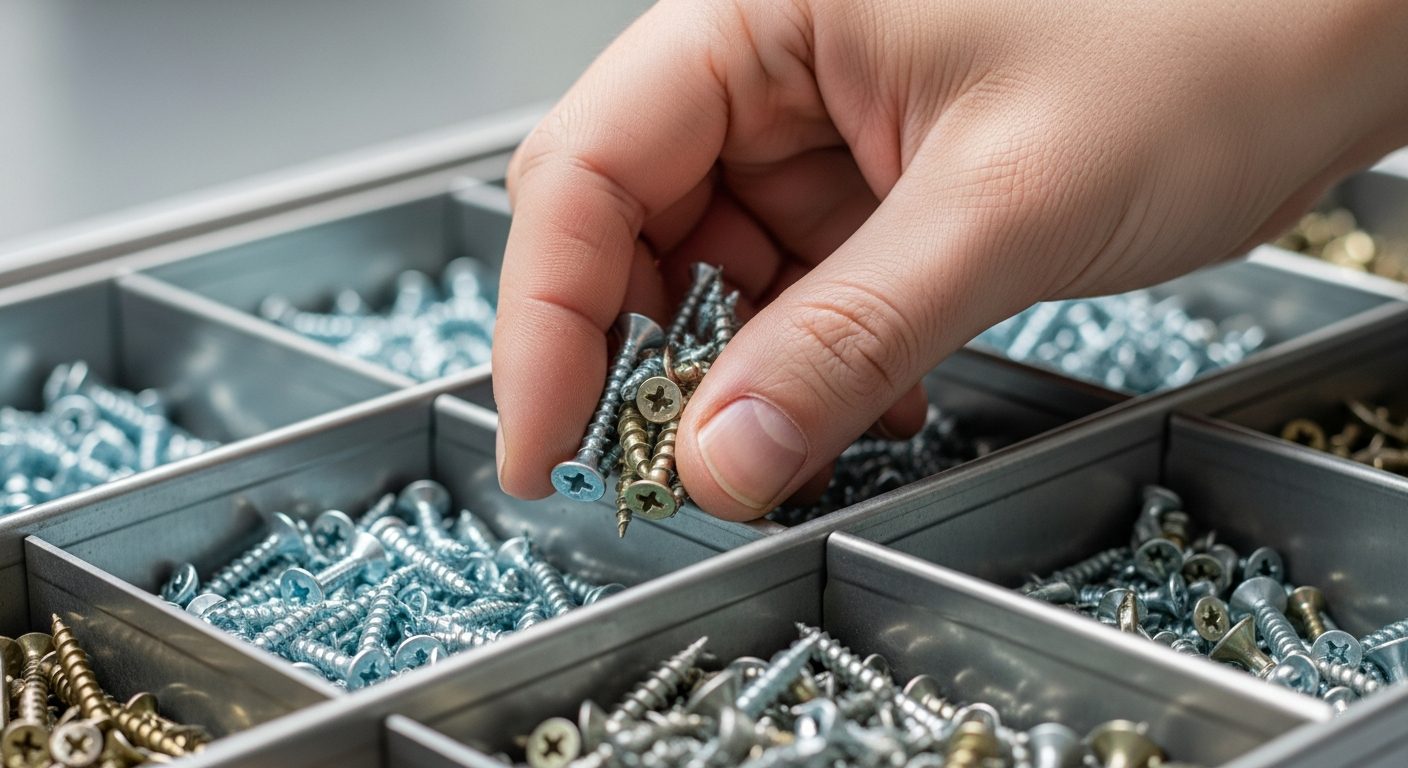 Mano tomando tornillos de un organizador metálico